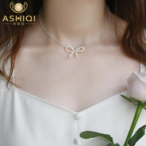 Freshwater Pearl Bow Necklace 925 Silver Hand Woven Jewelry Women