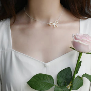 Freshwater Pearl Bow Necklace 925 Silver Hand Woven Jewelry Women