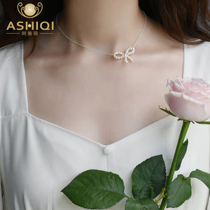 Freshwater Pearl Bow Necklace 925 Silver Hand Woven Jewelry Women