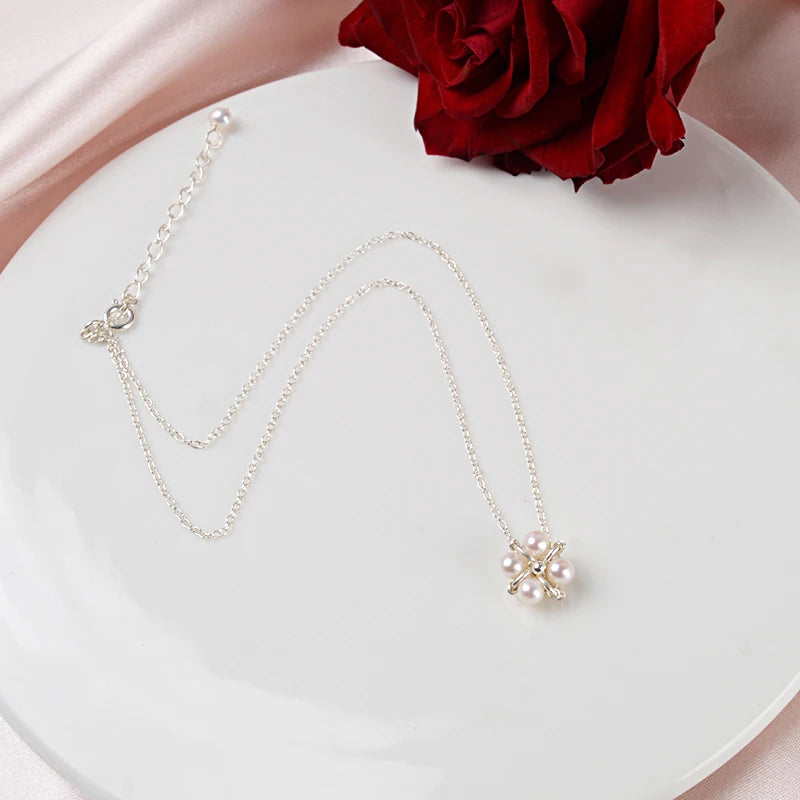 Freshwater Pearl Clover 925 Silver Choker Necklace Lucky Gift