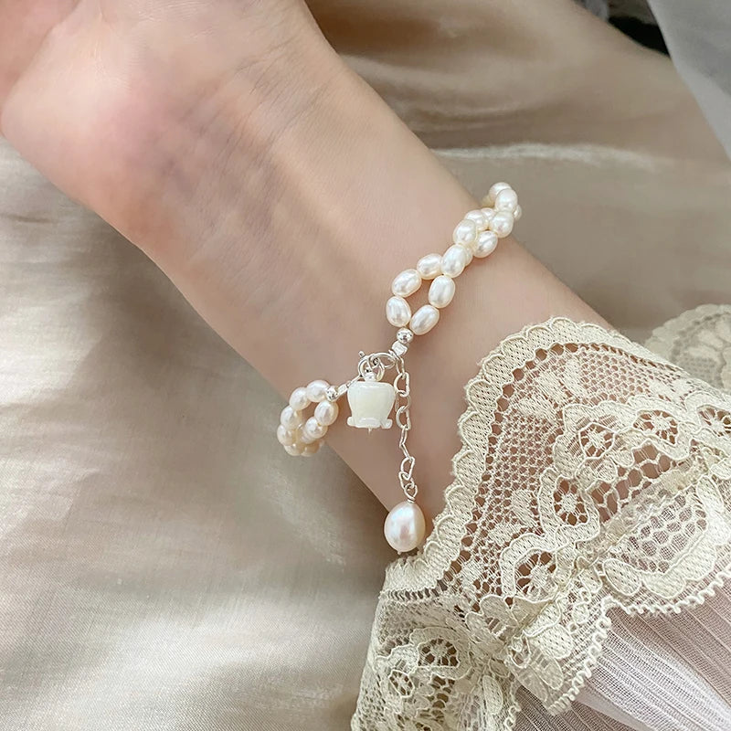 Natural Freshwater Pearl Double Bracelet 925 Sterling Silver Women's Jewelry