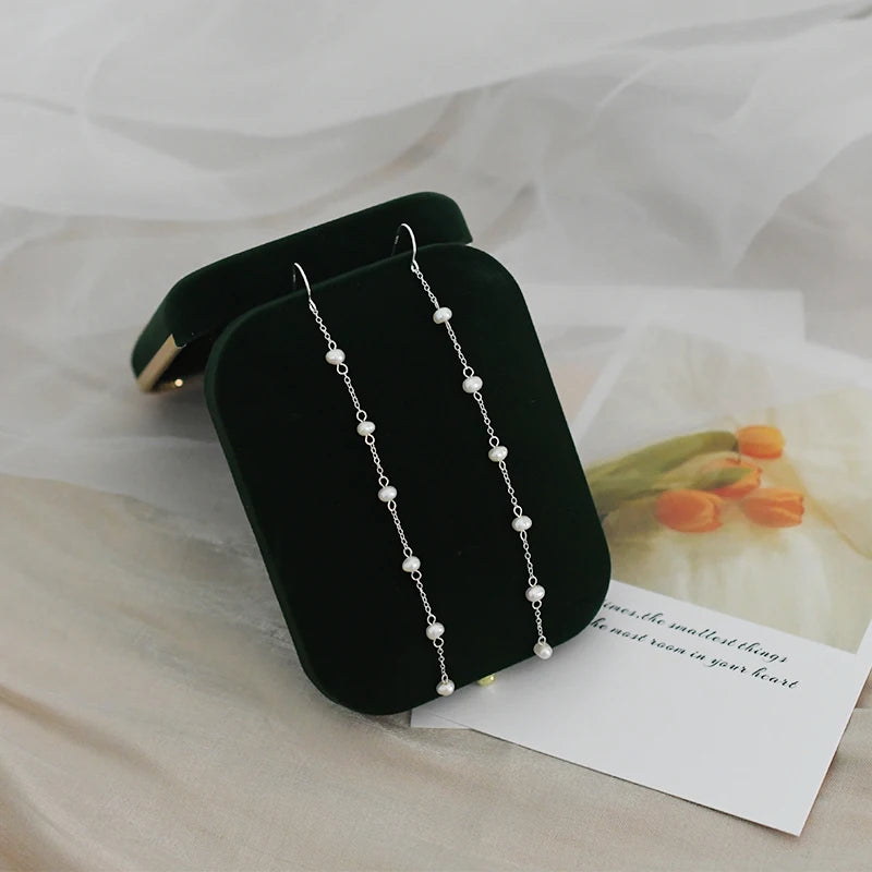Freshwater Pearl Drop Earrings 925 Silver Tassel Long Jewelry Girls