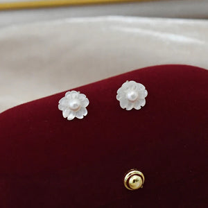Freshwater Pearl Earrings 925 Sterling Silver Shell Flower Jewelry