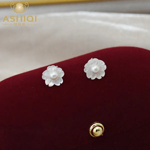 Freshwater Pearl Earrings 925 Sterling Silver Shell Flower Jewelry