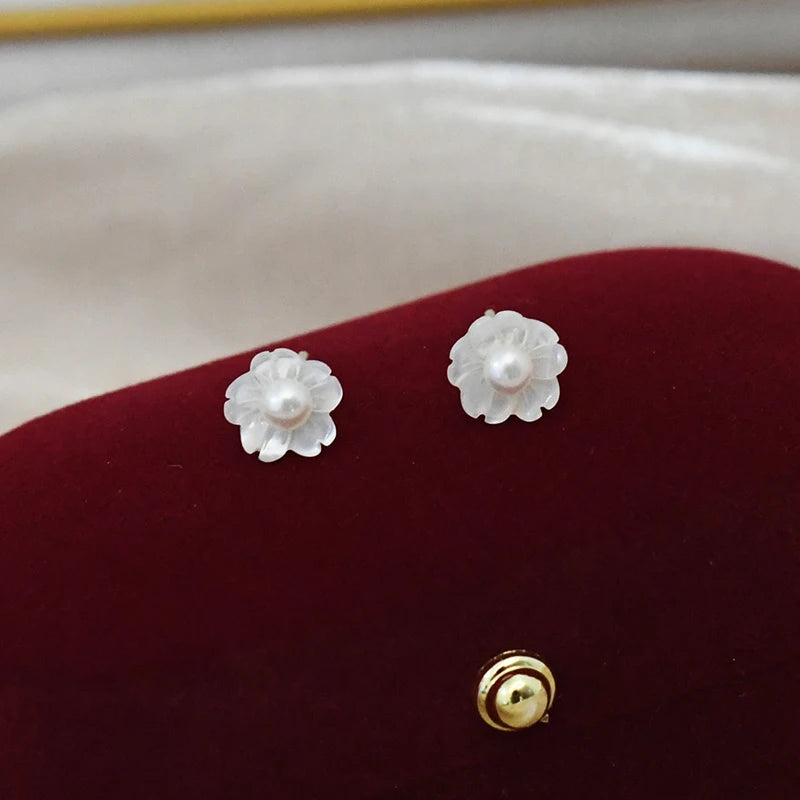 Freshwater Pearl Earrings 925 Sterling Silver Shell Flower Jewelry