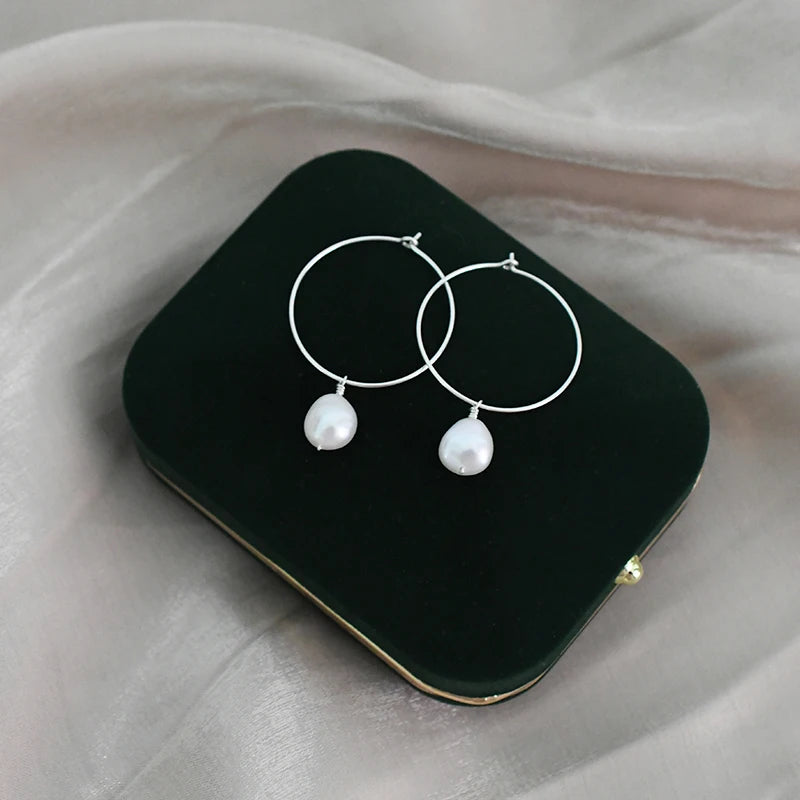 Freshwater Pearl Hoop Earrings 925 Silver Women's Jewelry