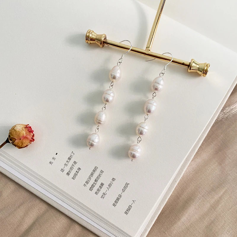 Freshwater Pearl Long Earrings 925 Sterling Silver Natural Growth Pattern