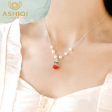 Peach Pearl Pendant Choker Necklace 925 Silver