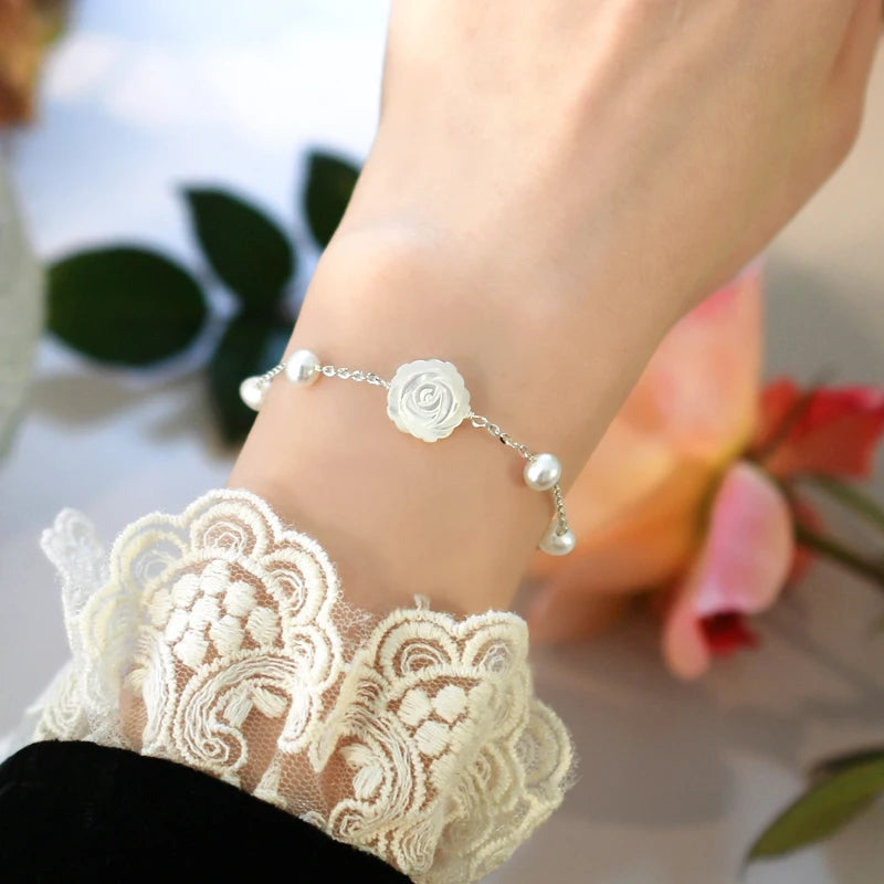 Freshwater Pearl Shell Flower Bracelet 925 Sterling Silver