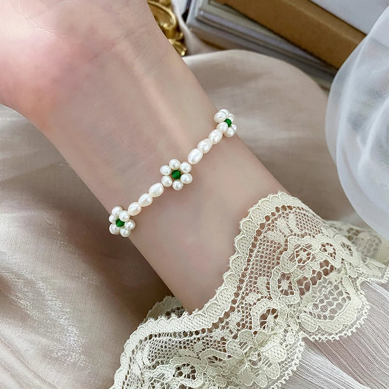 Freshwater Pearl Flower Bracelet 925 Sterling Silver Women's Jewelry
