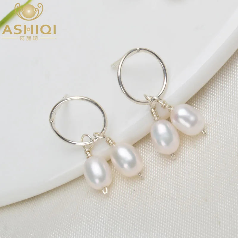 Natural Freshwater Pearl Earrings 925 Sterling Silver Women Wedding Gift