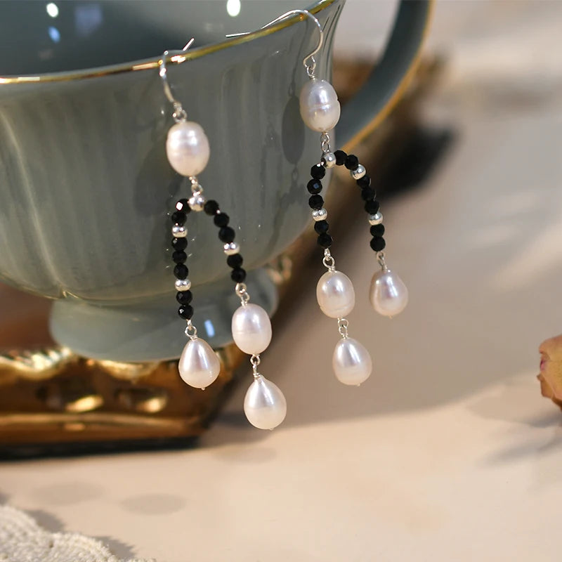 Freshwater Pearls Spinel Long Earrings 925 Silver Women's Jewelry