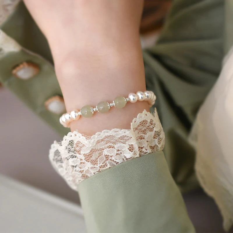 Jade Freshwater Pearl 925 Silver Bracelet Women Gift