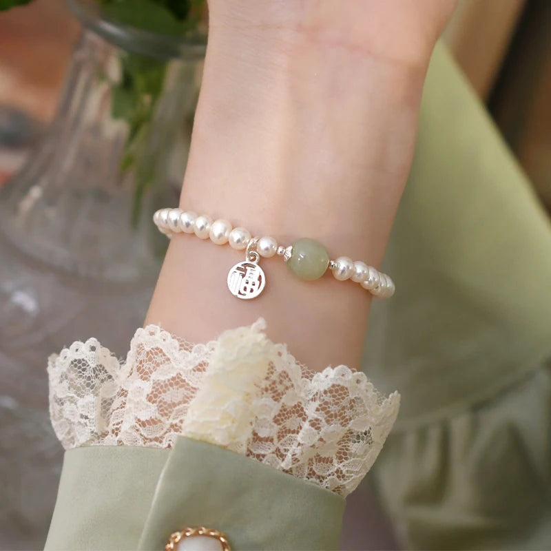 Jade Freshwater Pearl Silver Bracelet for Women