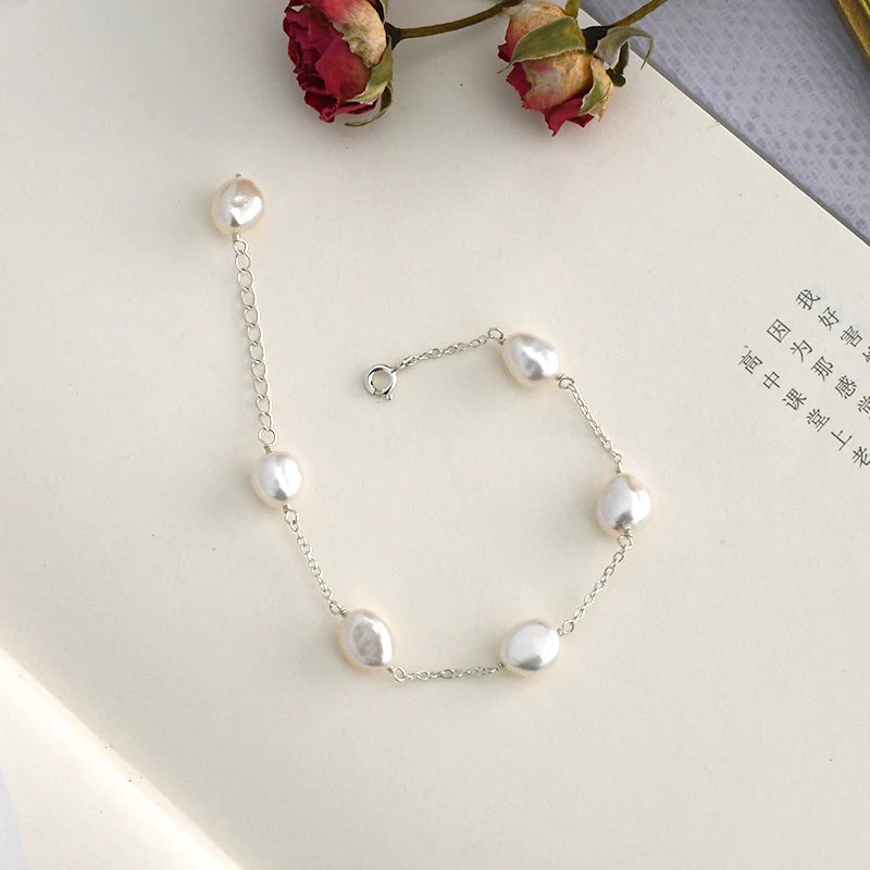 Baroque Freshwater Pearl Bracelet 925 Sterling Silver Chain for Women