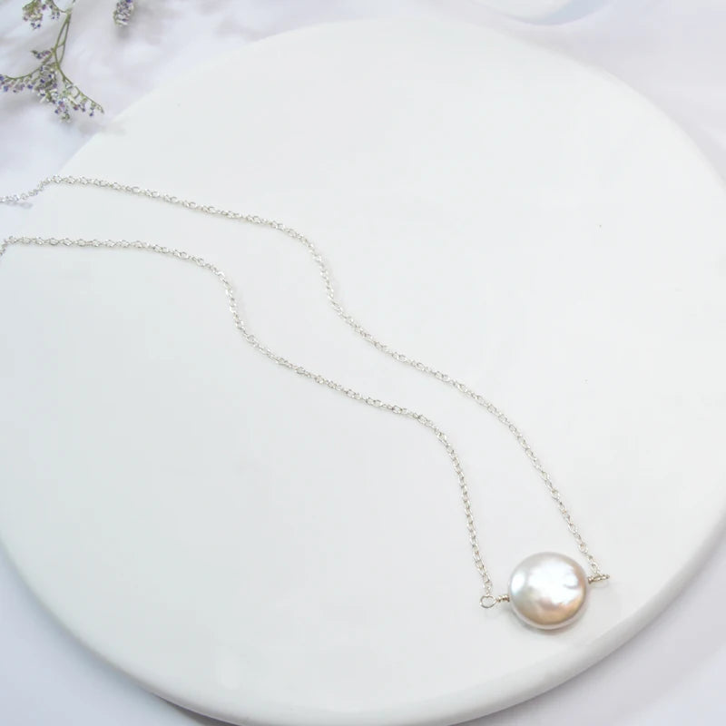 Button Shape Freshwater Pearl 925 Silver Necklace