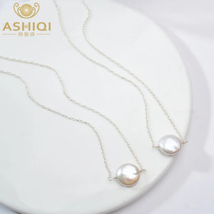 Button Shape Freshwater Pearl 925 Silver Necklace