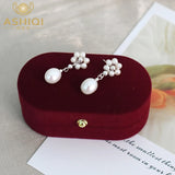 Freshwater Pearl Earrings 925 Silver Braided Flowers Long Women