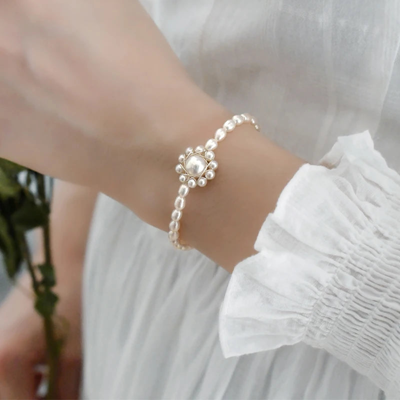 Freshwater Pearl Sunflower Bracelet 925 Sterling Silver