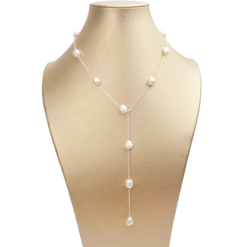 925 Silver Chain Necklace with Baroque Freshwater Pearl Jewelry