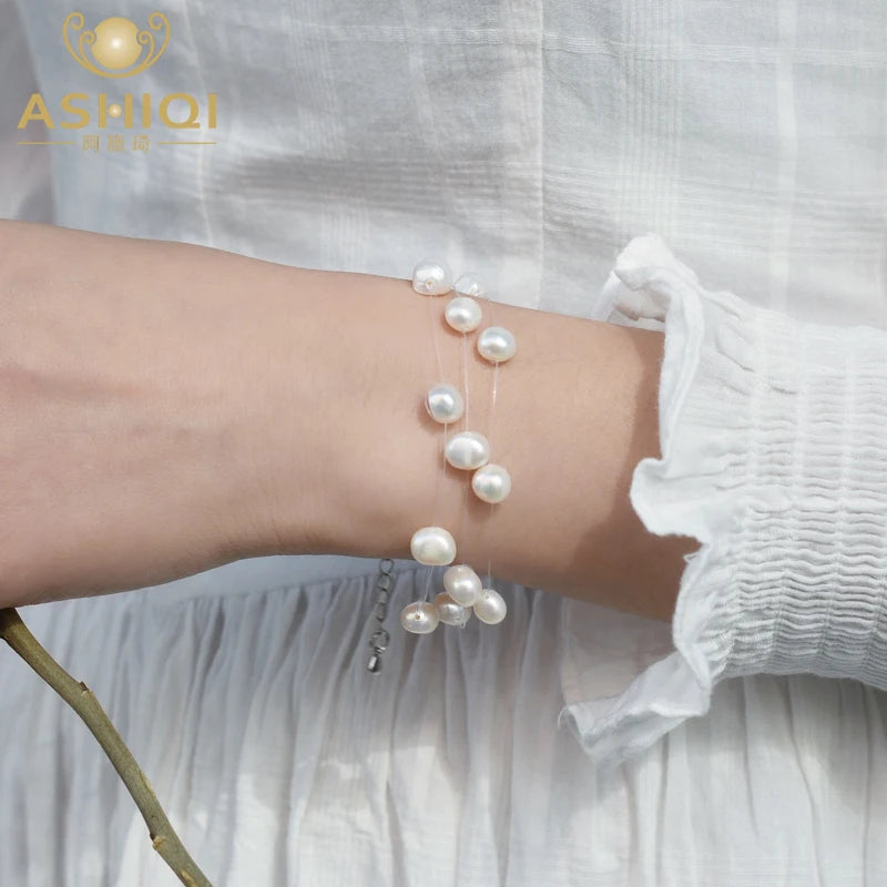 Baroque Pearl Bracelets for Women - 3 Rows Transparent Fishing Line Chain