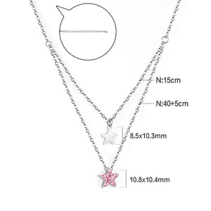 ASON CZ Stones Double Pendant Necklace Stainless Steel Link Chain