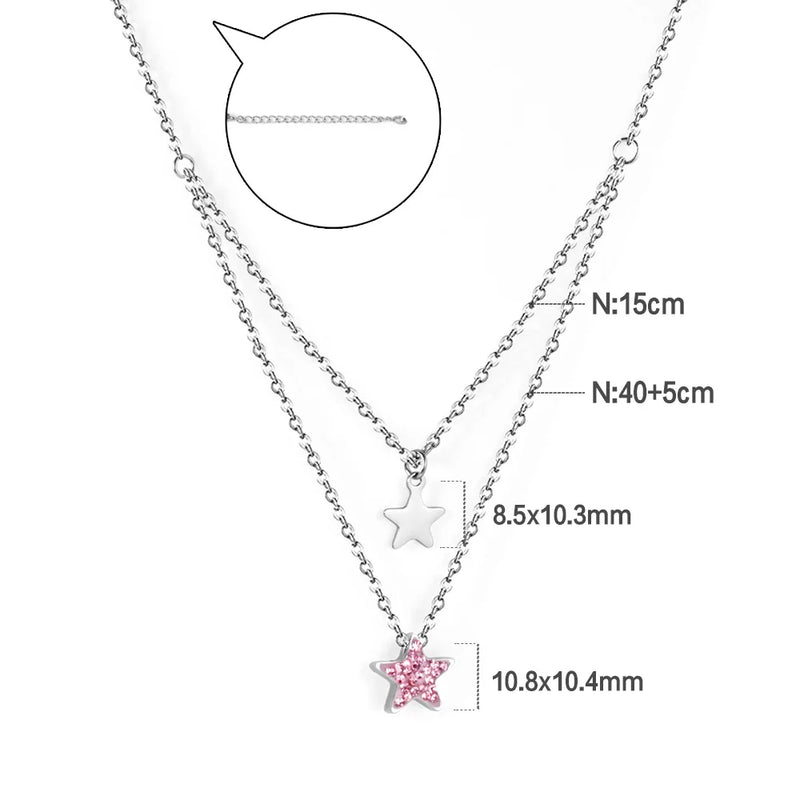 ASON CZ Stones Double Pendant Necklace Stainless Steel Link Chain