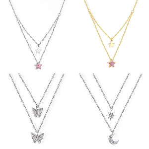 ASON CZ Stones Double Pendant Necklace Stainless Steel Link Chain
