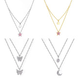 ASON CZ Stones Double Pendant Necklace Stainless Steel Link Chain