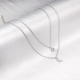 ASON CZ Stones Double Pendant Necklace Stainless Steel Link Chain