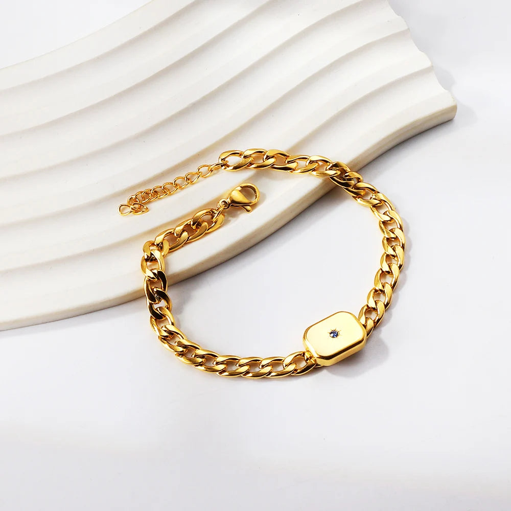 Cat Eyes CZ Charm Link Chain Bracelet Stainless Steel