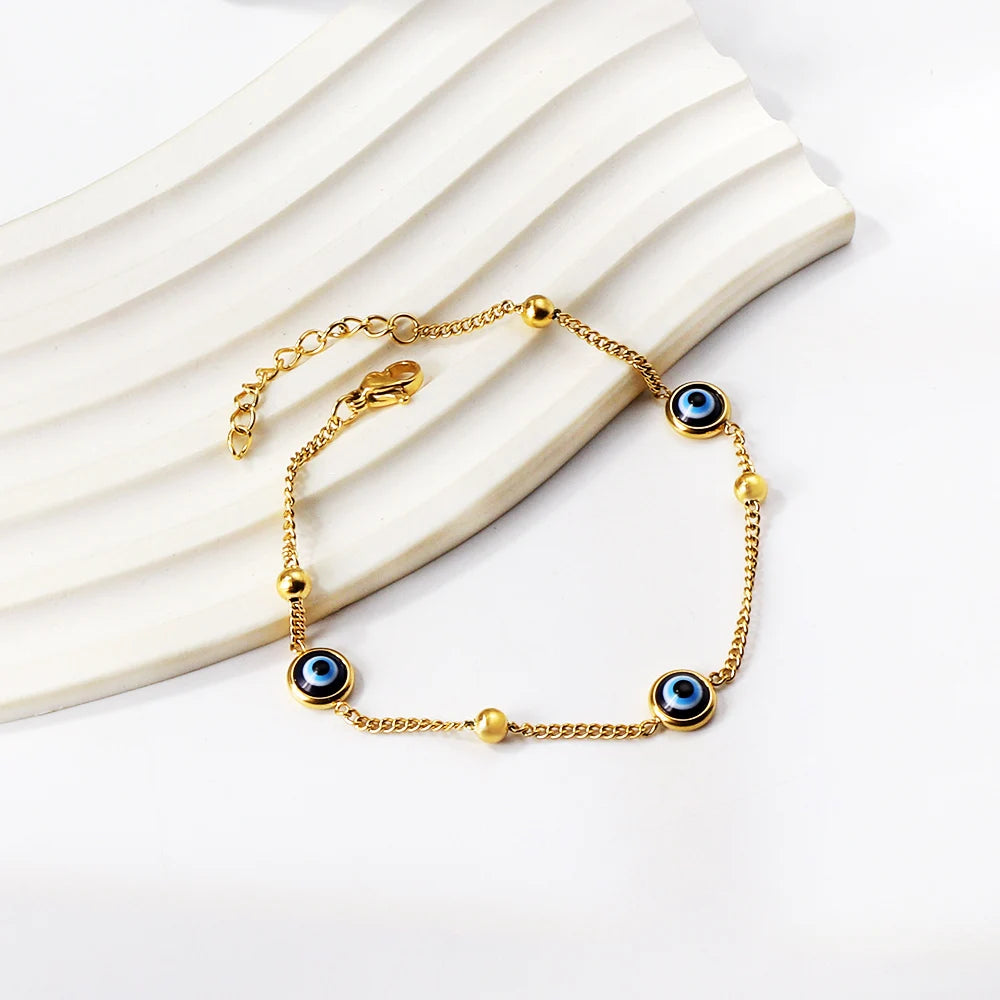 Cat Eyes CZ Charm Link Chain Bracelet Stainless Steel