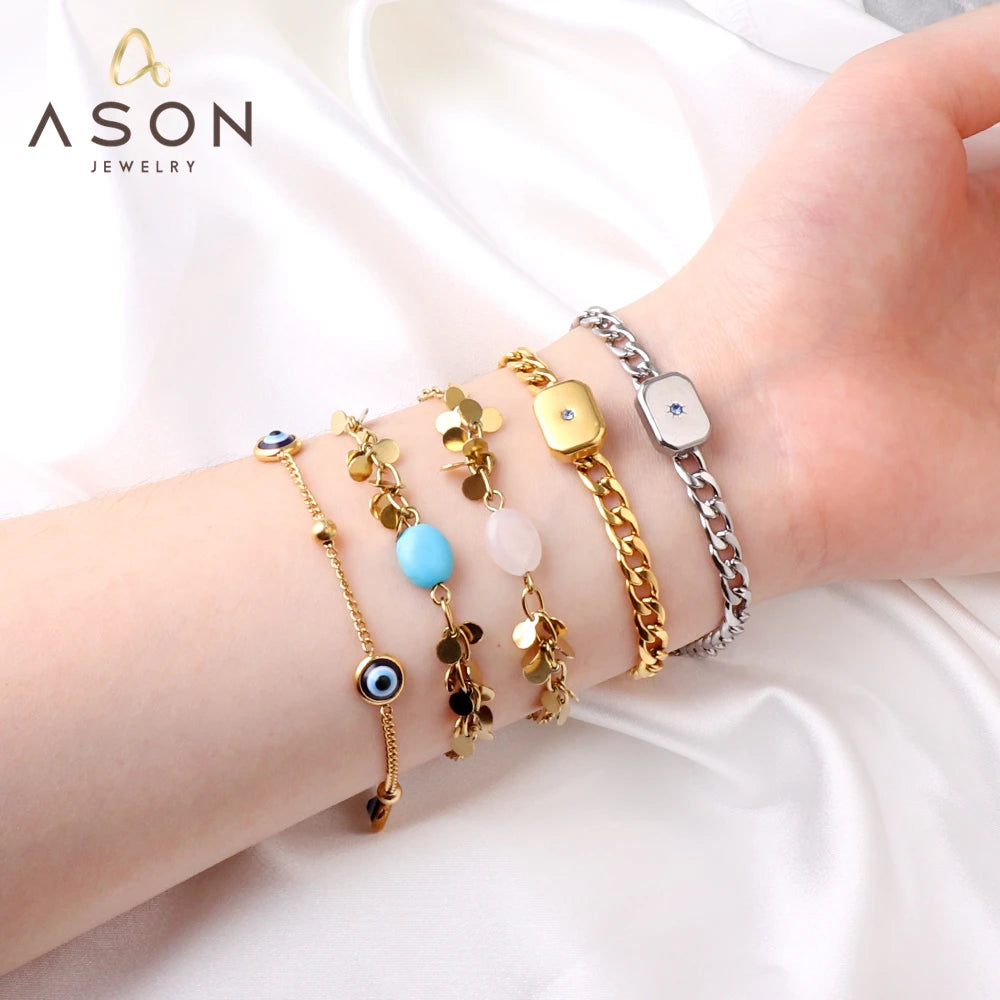 Cat Eyes CZ Charm Link Chain Bracelet Stainless Steel
