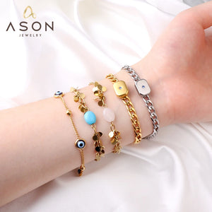 Cat Eyes CZ Charm Link Chain Bracelet Stainless Steel