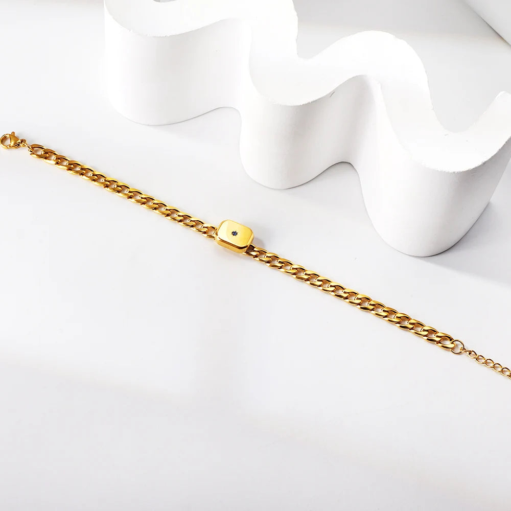 Cat Eyes CZ Charm Link Chain Bracelet Stainless Steel