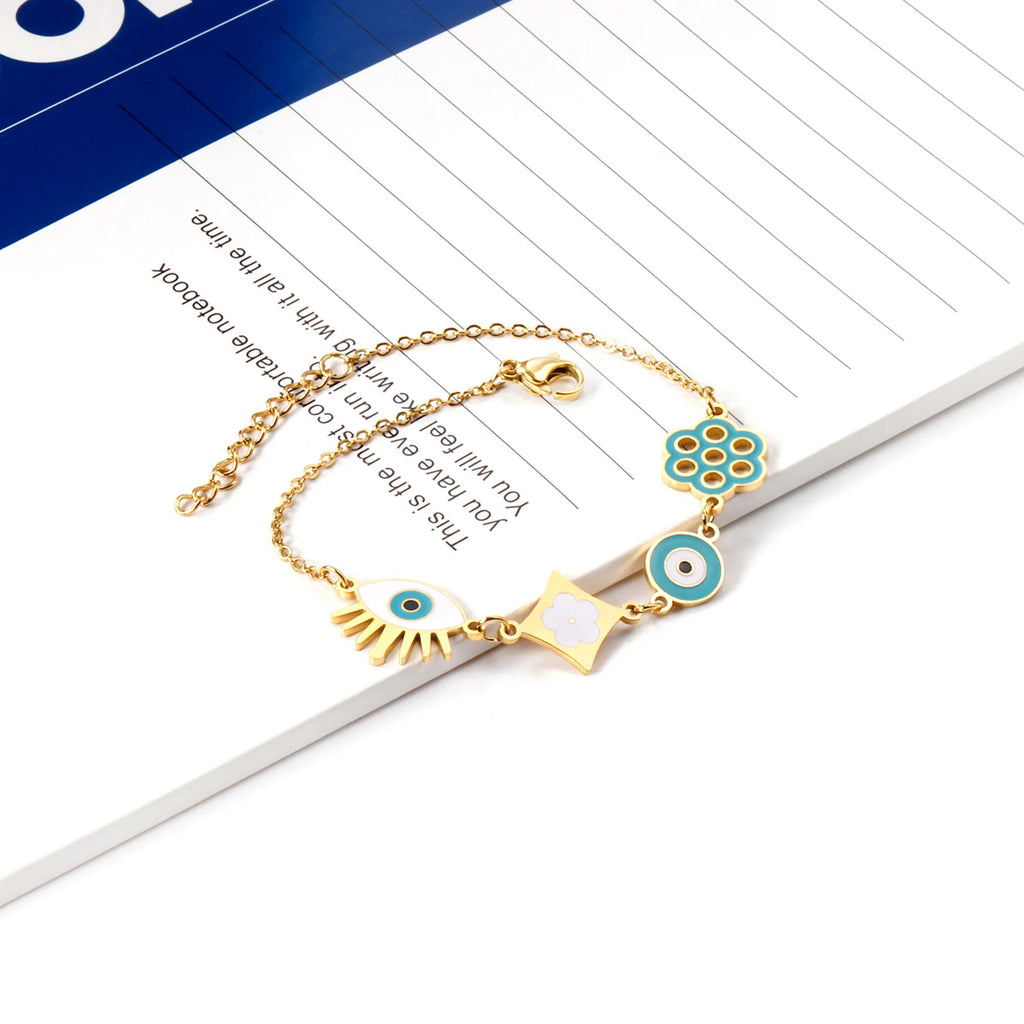 Evil Eyes Flower Shape Chain Bracelet Bangle Stainless Steel Women Jewelry