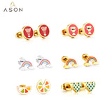 Christmas Small Rainbow Piercing Stud Earrings Stainless Steel Women Girl Kid