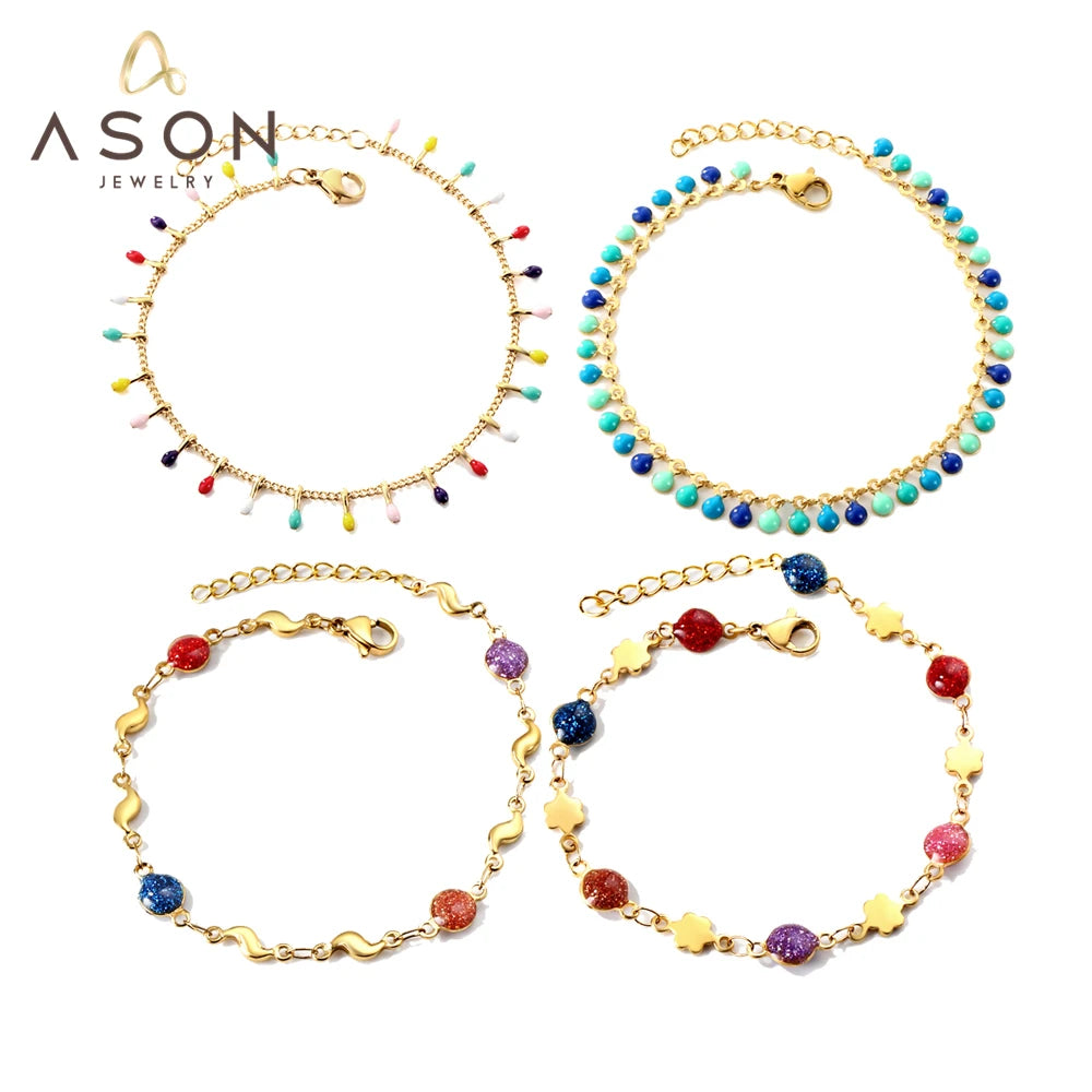 Colorful Oval Beads Sandstone Charm Tassels Chain Bracelet