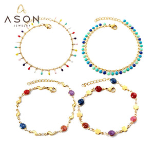 Colorful Oval Beads Sandstone Charm Tassels Chain Bracelet