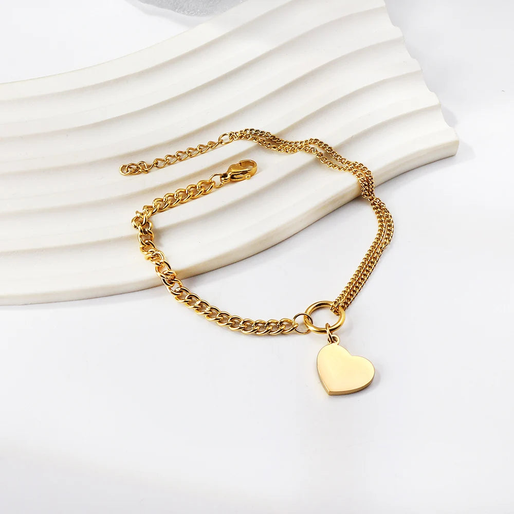 Geometric Heart Charm Bracelet Stainless Steel Women Bangle
