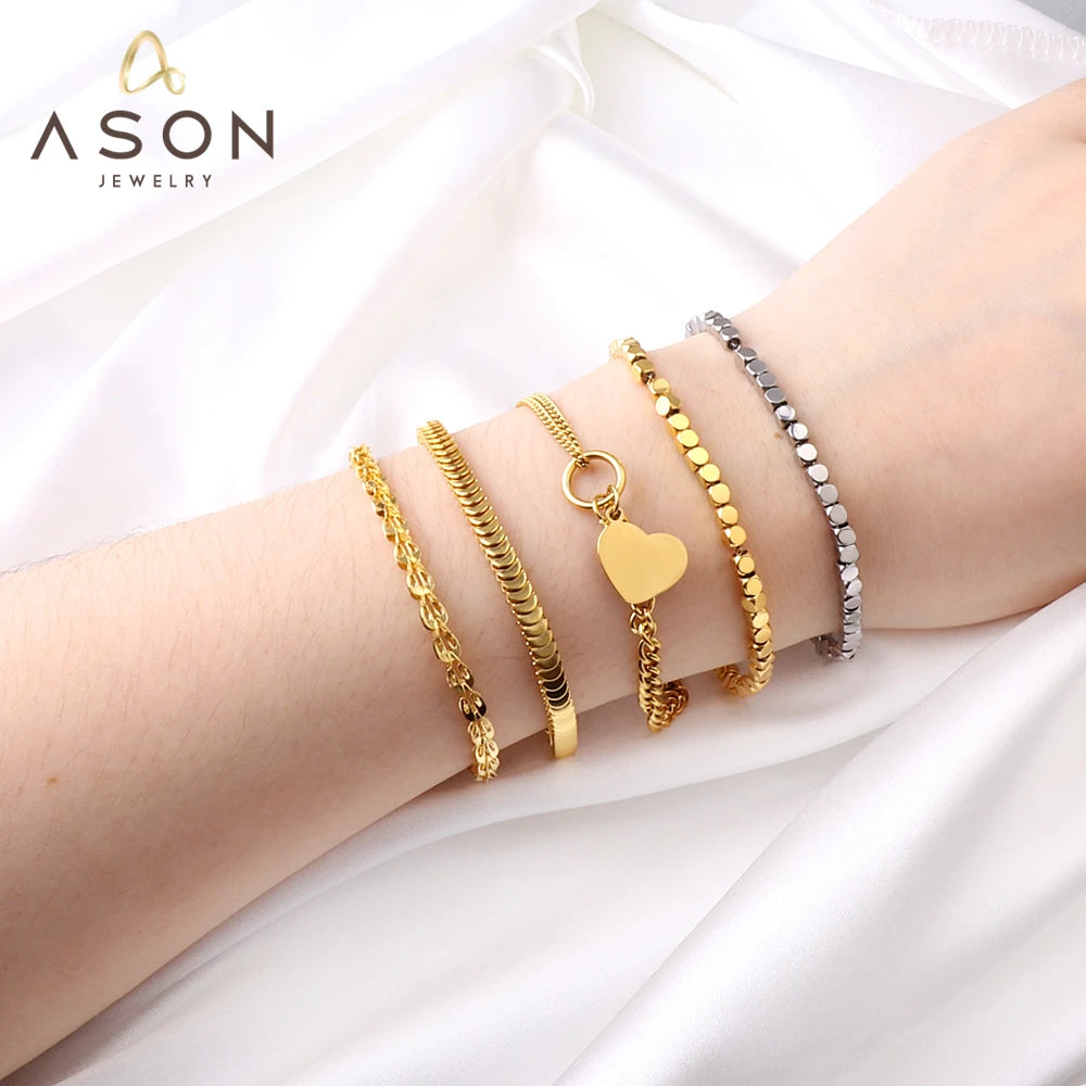 Geometric Heart Charm Bracelet Stainless Steel Women Bangle
