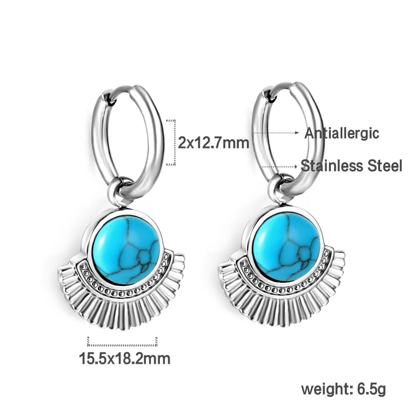 Geometric Turquoise CZ Pearl Charm Hoops Earrings Stainless Steel