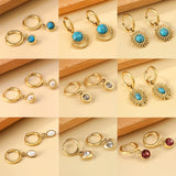 Geometric Turquoise CZ Pearl Charm Hoops Earrings Stainless Steel