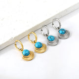 Geometric Turquoise CZ Pearl Charm Hoops Earrings Stainless Steel