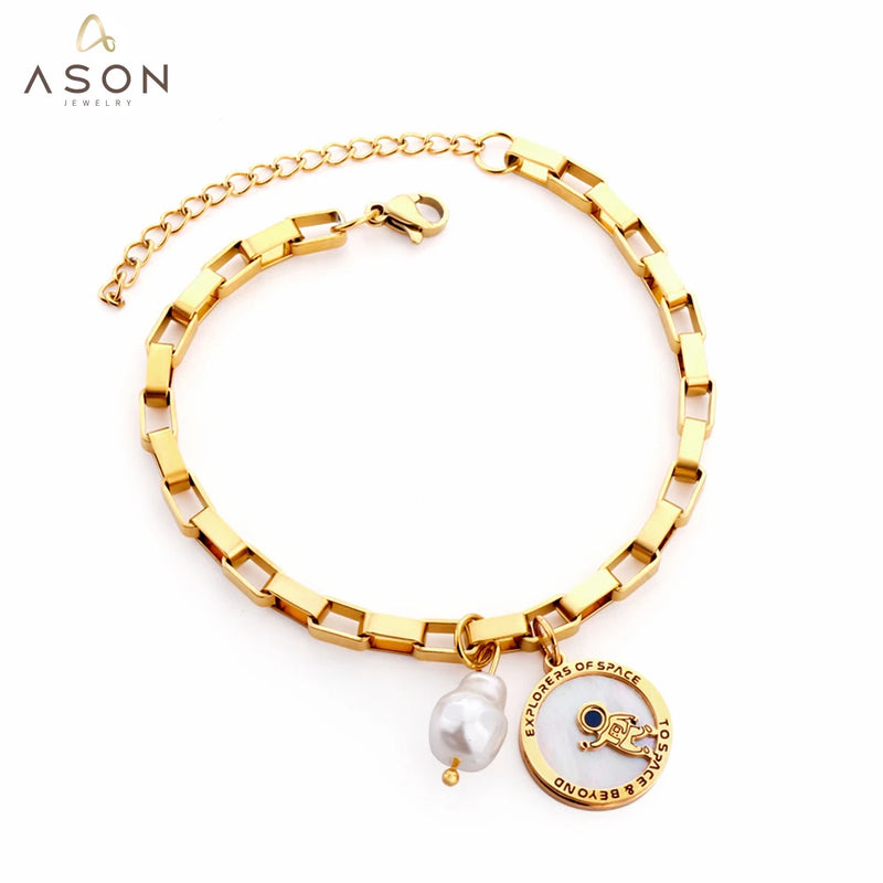 Spaceman & Pearl Bracelet for Women Stainless Steel 18+3cm