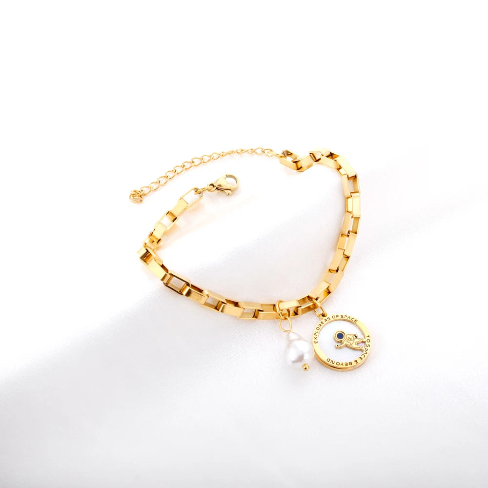 Spaceman & Pearl Bracelet for Women Stainless Steel 18+3cm