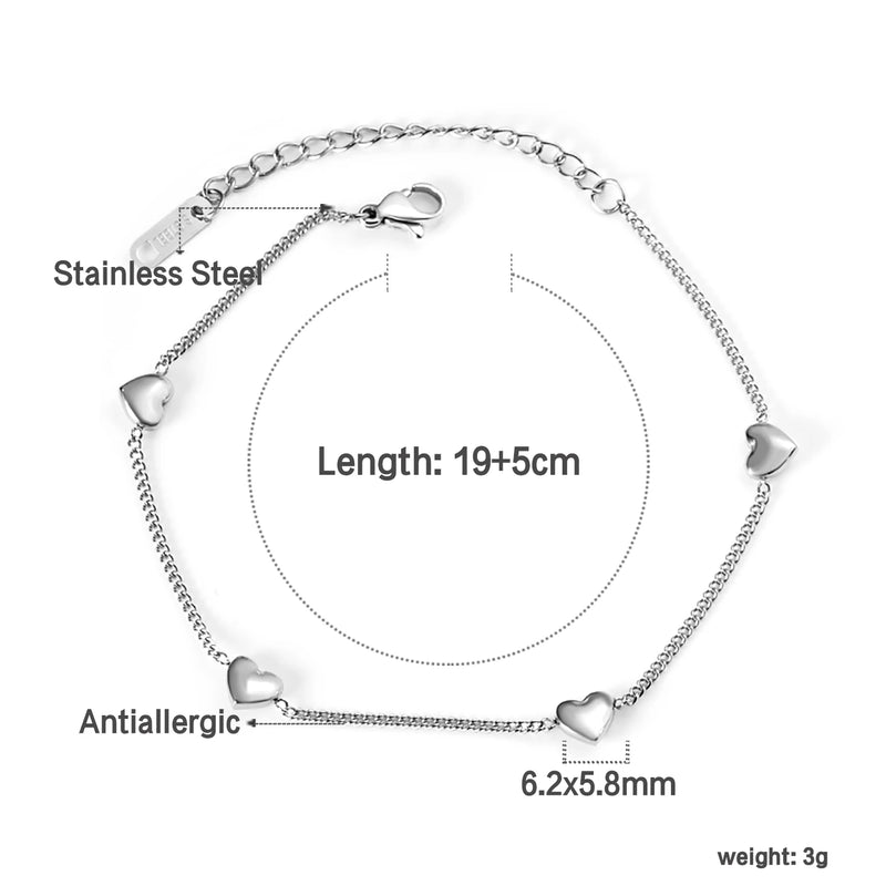 Heart Charms Link Chains Bracelets Stainless Steel For Women Girl Bangle