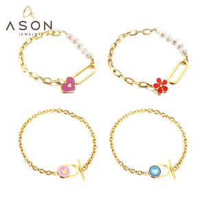 Heart Shape Clasp Chain Bracelet Stainless Steel Bangle
