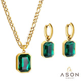 Green CZ Drop Dangle Earrings & Pendant Necklace Set