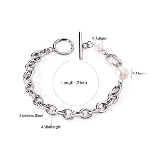 Silver Pearl Bracelet Stainless Steel Chain Bangle for Women